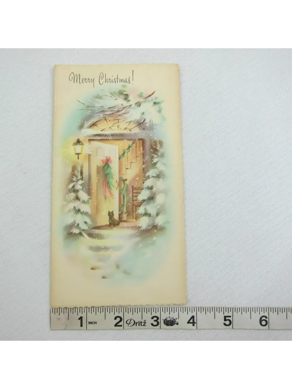 Vintage Christmas Card Scottie Scotty Dog Snowy Front Door Porch Lamp UNSIGNED